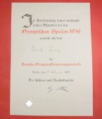 Verleihungsurkunde zur Olympia-Erinnerungsmedaille 1936